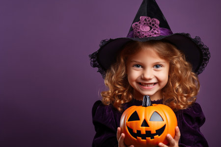 Little witch with a pumpkin on pink backgroundの素材