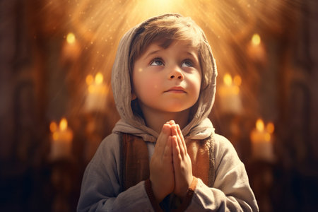 Cute small African American boy praying in the church and Jesus giving blessingの素材