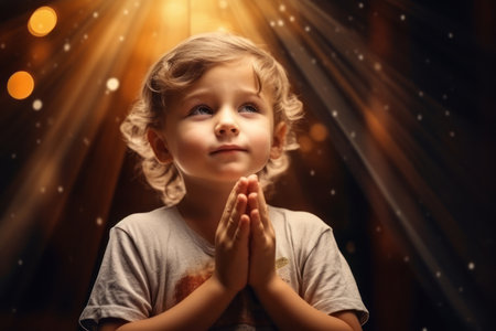 Cute small African American boy praying in the church and Jesus giving blessingの素材