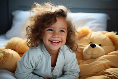 Cute sweet toddler child, tickling feet on the bed, laughing and smiling,の素材