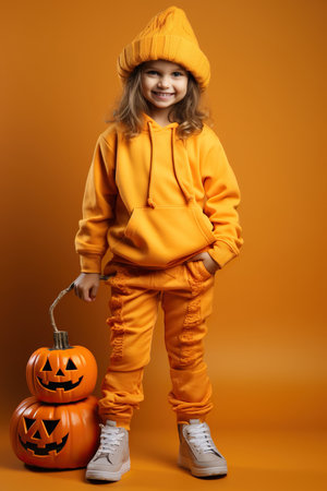 Child in Halloween costume on color yellow background full heightの素材