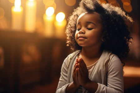 Cute small African American girl praying in the church and Jesus giving blessingの素材