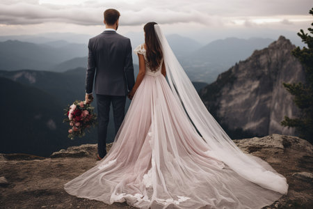 The bride and groom walk together hand in hand. The couple walks with their backs to the camera. Modern wedding in the mountainsの素材