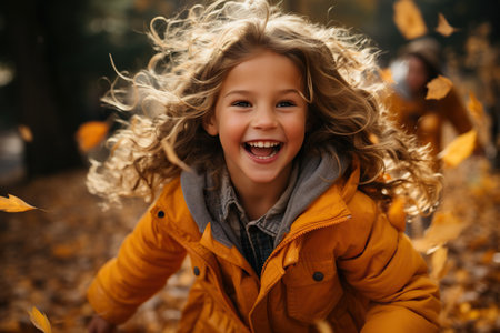 Pile of leaf's in the fall, red and orange, young girl with hair in braids playing in the leaves.の素材