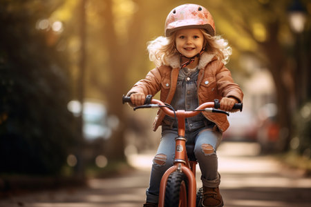 little girl riding bike outdoors in city parkの素材