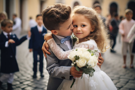 The flower girl and the ring bearer walking down the aisleの素材