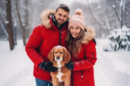 Man and woman in red winter clothes stand together with their dog and enjoy beautiful snowy yardの素材