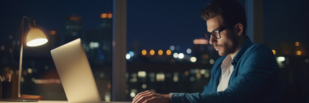 Nighttime productivity: Young businessman typing on laptop in home officeの素材