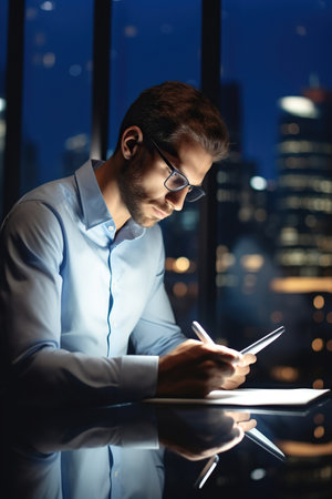 Pensive entrepreneur using digital tablet at night timeの素材