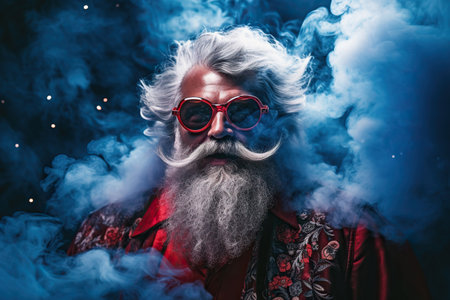 Santa claus in blue red smoke. Party for Christmasの素材