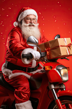 Profile side view of funny fat white-haired Santa riding moped, isolated on red color backgroundの素材