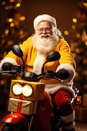 Profile side view of funny fat white-haired Santa riding moped, isolated on yellow color backgroundの素材