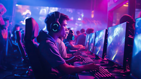Teenage gamers plays on E-sports tournament event in neon lightの素材