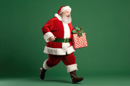 Full length body size profile side view of his nice fat overweight cheerful glad Santa carrying bags gifts isolated over green color backgroundの素材