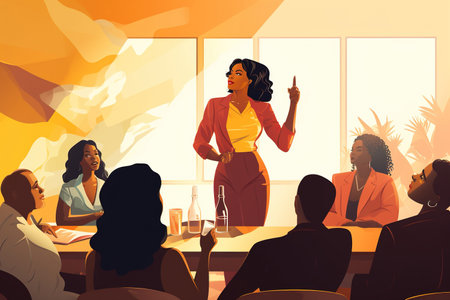 Workshop, speech and black woman or speaker speaking with coworkers in conference roomの素材