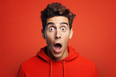 young man expressing surprise and shock emotion with his mouth open and wide open eyes. isolated on red backgroundの素材
