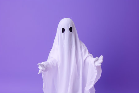 Little cute child with white dressed costume Halloween ghost scary, studio shot isolated on purple backgroundの素材