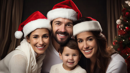 Family wearing sweatshirt with santa hatの素材