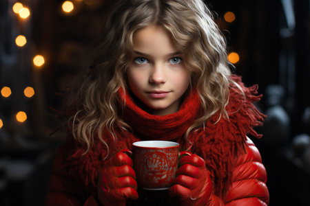 Girl is holding red mug in handsの素材