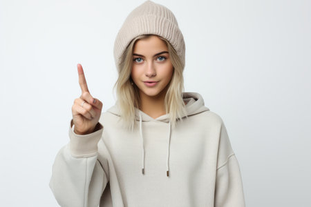 17 years old girl on a white background gesticulates with her index finger, copy spaceの素材