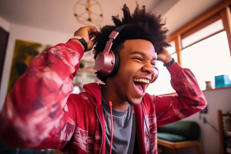 Happy funny gen z hipster African American teen guy wearing headphones dancing at homeの素材