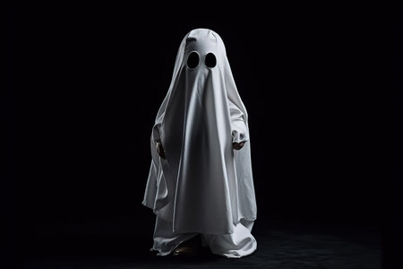 Little cute child with white dressed costume Halloween ghost scary, studio shot isolated on black backgroundの素材