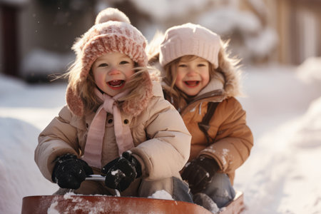 little kids having fun on a sled in the winter parkの素材