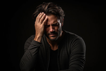 a young man with migraine headache holding his head having pain. isolated on black backgroundの素材