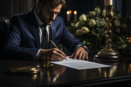 Lawyer hands signing divorce papers inform of upset clientの素材