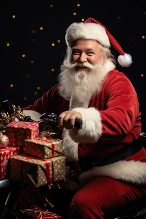 Profile side view of funny fat white-haired Santa riding moped, isolated on black color backgroundの素材