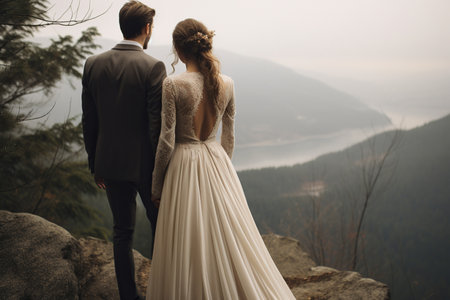The bride and groom walk together hand in hand. The couple walks with their backs to the camera. Modern wedding in the mountainsの素材