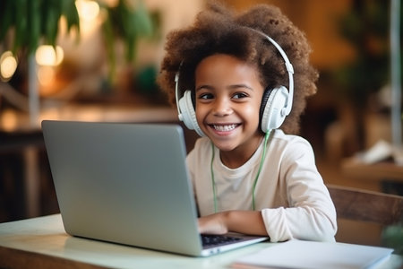 Smiling african american child schoolgirl studying onlineの素材
