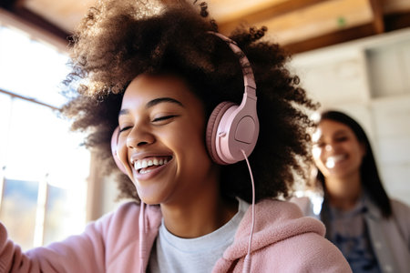 Happy funny gen z hipster African American teen girl wearing headphones dancing at home, listening music on mobile phone, having fun feeling funky moving in living roomの素材