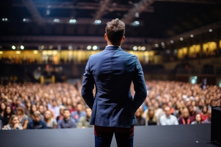 Back view of motivational speaker standing on stage in front of audience for motivation speech on conference or business eventの素材