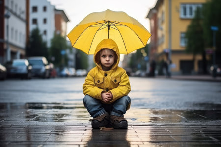 A boy sitting on a curb with an umbrellaの素材