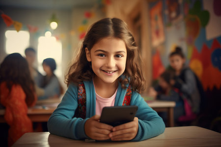girl smiling at the camera while sitting with a digital tablet in a classroomの素材