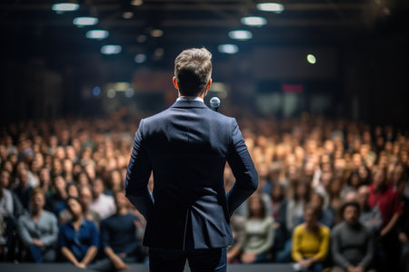 Back view of motivational speaker standing on stage in front of audience for motivation speech on conference or business eventの素材