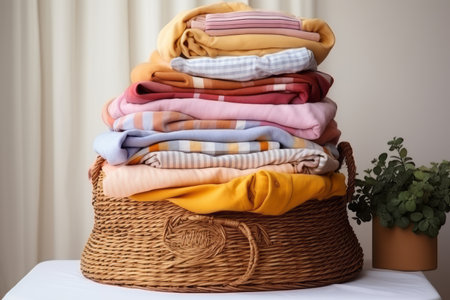 Clothes on wicker baskets for washing preparations whit white backgroundの素材