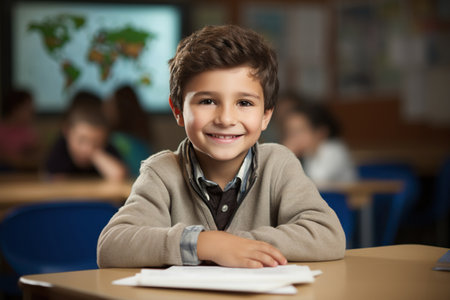Boy smiling at the camera while sitting in a classroomの素材