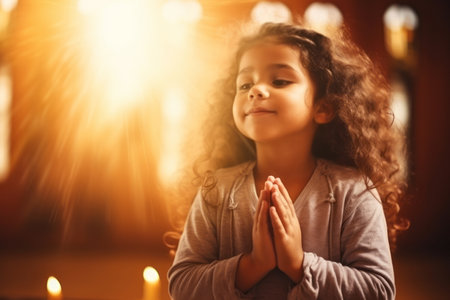 Cute small Latin girl praying in the church and Jesus giving blessingの素材