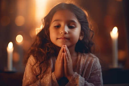 Cute small Latin girl praying in the church and Jesus giving blessingの素材