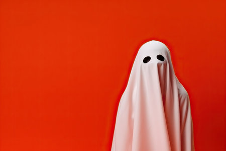Little cute child with white dressed costume Halloween ghost scary, studio shot isolated on red backgroundの素材