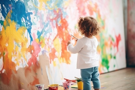 Curly cute little toddler girl painting with paints color and brush on the wall. Works of childrenの素材