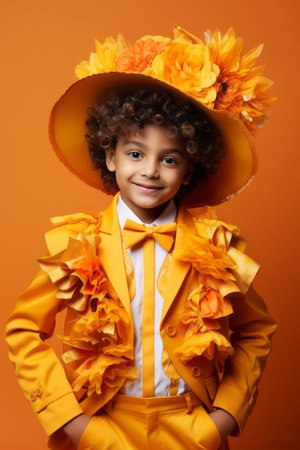 Child in carnival costume on color backgroundの素材