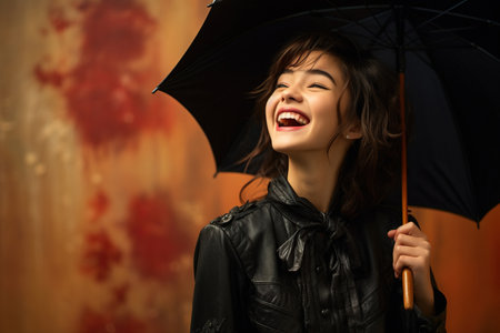 Girl with an umbrella laughing copy spaceの素材