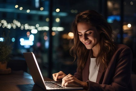 Happy female entrepreneur having a virtual business meeting at nightの素材