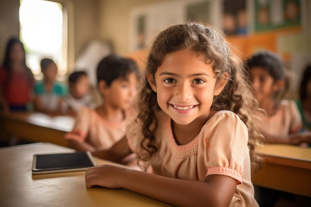 girl smiling at the camera while sitting in a classroomの素材