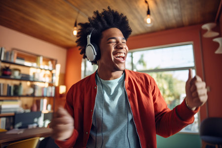 Happy funny gen z hipster African American teen guy wearing headphones dancing at home and listening music on mobile phone.の素材