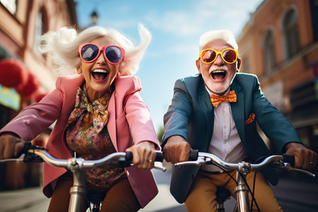 Old Couple riding bicycles outside of the city and wearing helmets and sunglassesの素材