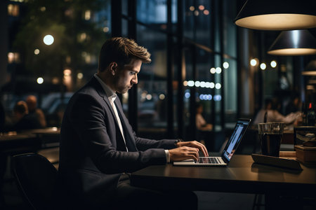 Late night marketing plan: Professional man typing on laptop in officeの素材